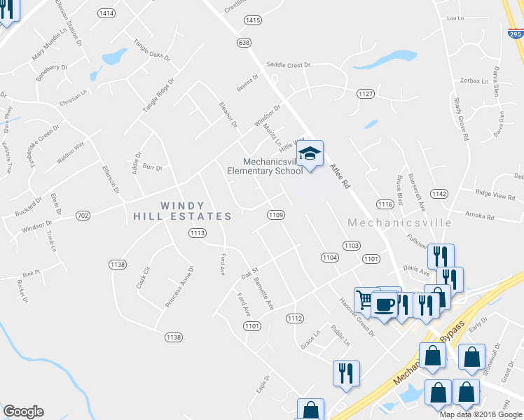 map of restaurants, bars, coffee shops, grocery stores, and more near 8163 Sawyer Lane in Mechanicsville