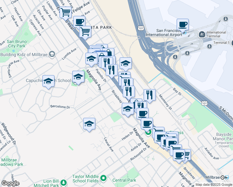 map of restaurants, bars, coffee shops, grocery stores, and more near 1375 El Camino Real in Millbrae