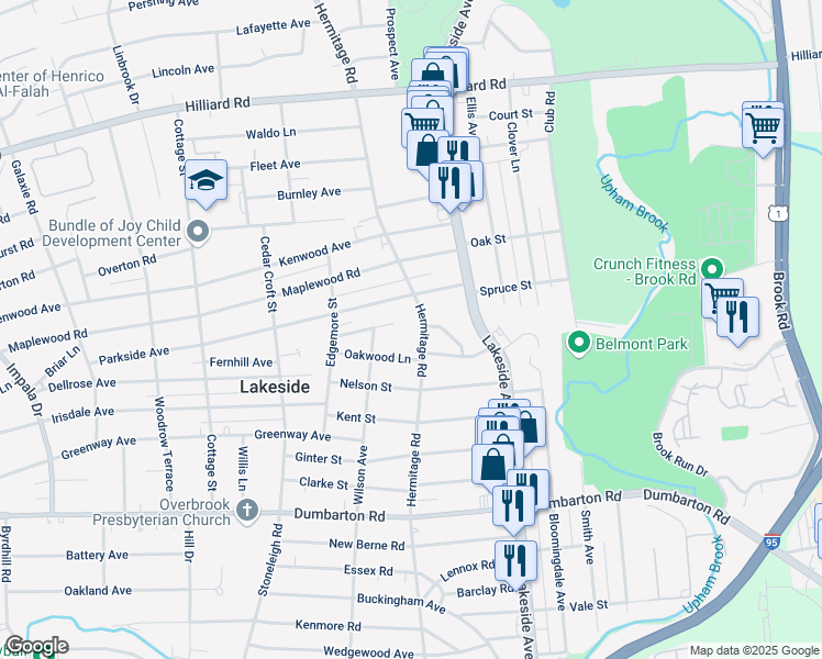 map of restaurants, bars, coffee shops, grocery stores, and more near 2213 Martin Avenue in Richmond