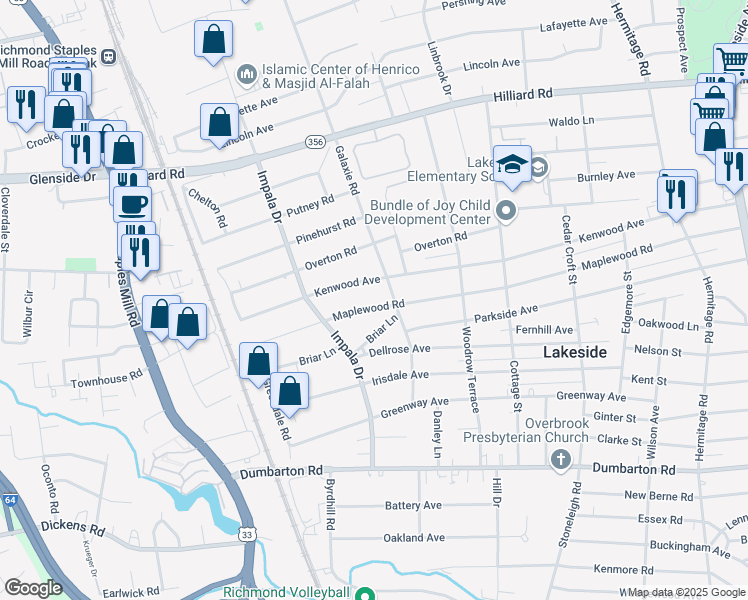 map of restaurants, bars, coffee shops, grocery stores, and more near 2904 Maplewood Road in Richmond