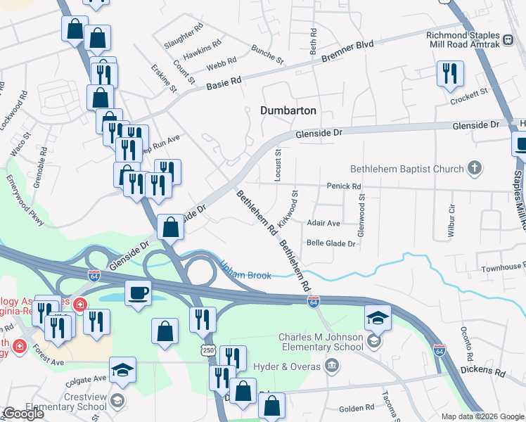 map of restaurants, bars, coffee shops, grocery stores, and more near 6804 Bethlehem Road in Richmond