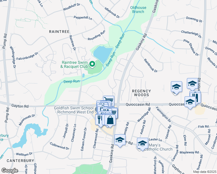 map of restaurants, bars, coffee shops, grocery stores, and more near 1550 United Court in Henrico