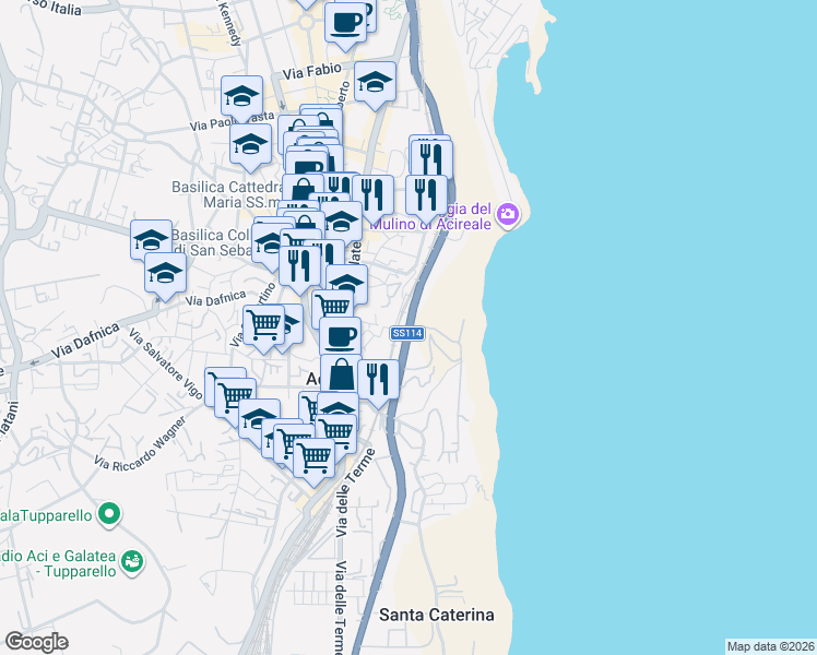 map of restaurants, bars, coffee shops, grocery stores, and more near Viale Alcide de Gasperi in Acireale
