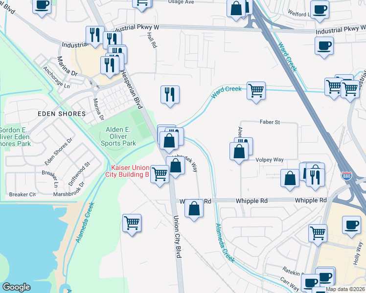 map of restaurants, bars, coffee shops, grocery stores, and more near 29300 Kohoutek Way in Union City