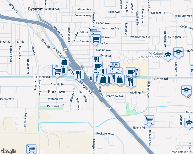 map of restaurants, bars, coffee shops, grocery stores, and more near 34 East Hatch Road in Modesto