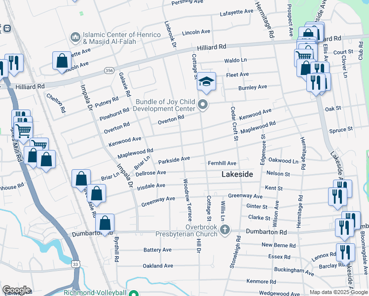 map of restaurants, bars, coffee shops, grocery stores, and more near 2717 Maplewood Road in Richmond