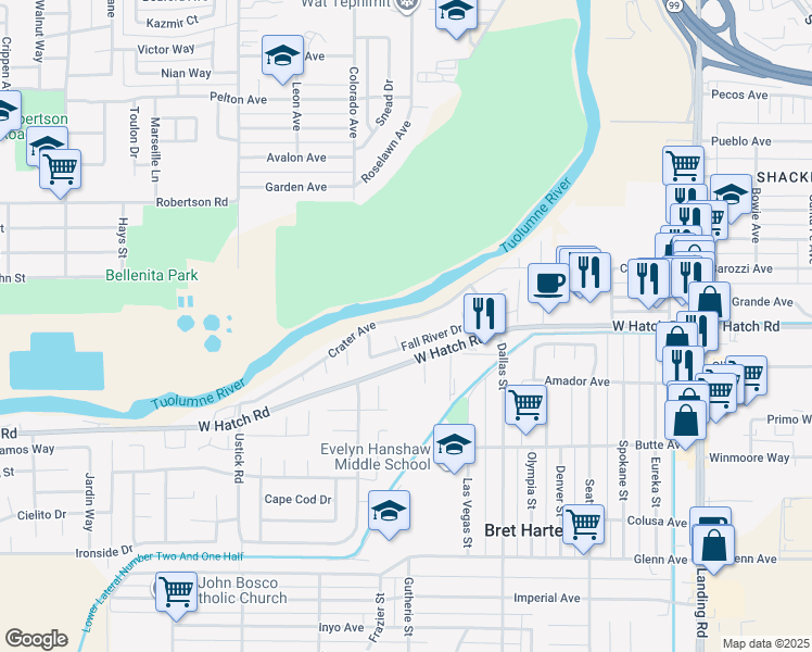 map of restaurants, bars, coffee shops, grocery stores, and more near 912 Crater Avenue in Modesto