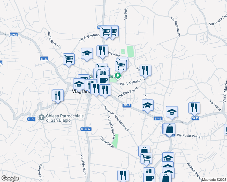map of restaurants, bars, coffee shops, grocery stores, and more near 28 Via Raffaello Sanzio in Viagrande