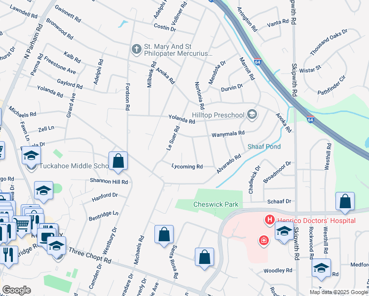 map of restaurants, bars, coffee shops, grocery stores, and more near 1805 Rio Hondo Circle in Henrico