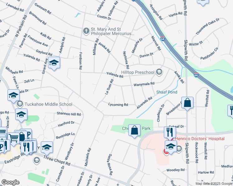 map of restaurants, bars, coffee shops, grocery stores, and more near 1805 Rio Hondo Circle in Henrico