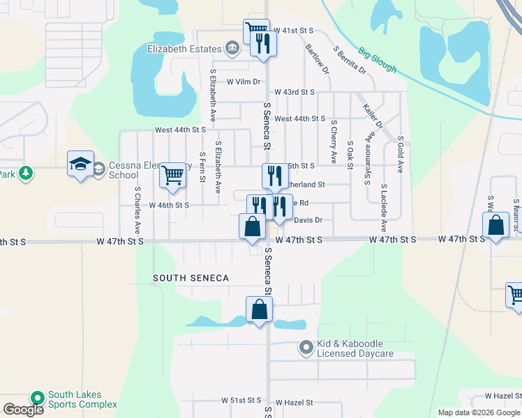 map of restaurants, bars, coffee shops, grocery stores, and more near 4701 South Seneca Street in Wichita