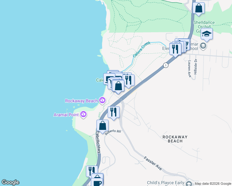 map of restaurants, bars, coffee shops, grocery stores, and more near 205 Rockaway Beach Avenue in Pacifica