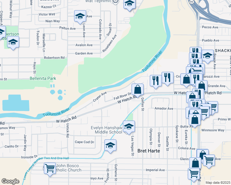 map of restaurants, bars, coffee shops, grocery stores, and more near 912 Crater Avenue in Modesto