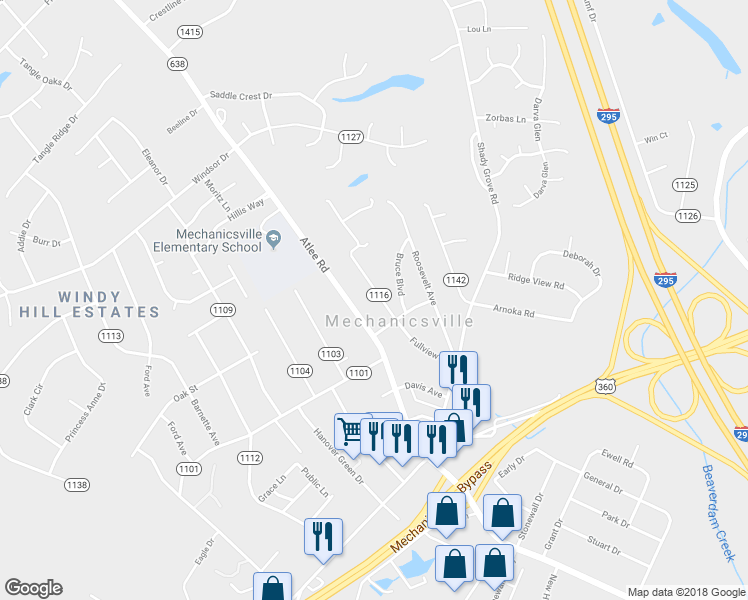 map of restaurants, bars, coffee shops, grocery stores, and more near 7405 Fullview Avenue in Mechanicsville