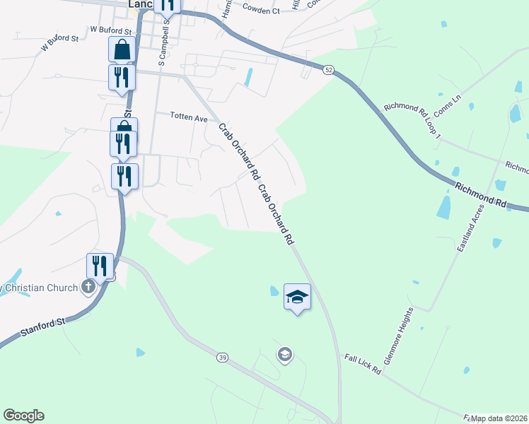 map of restaurants, bars, coffee shops, grocery stores, and more near 416 Crab Orchard Road in Lancaster