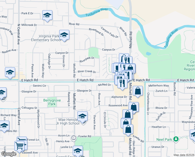 map of restaurants, bars, coffee shops, grocery stores, and more near 1420 Riverette Drive in Modesto