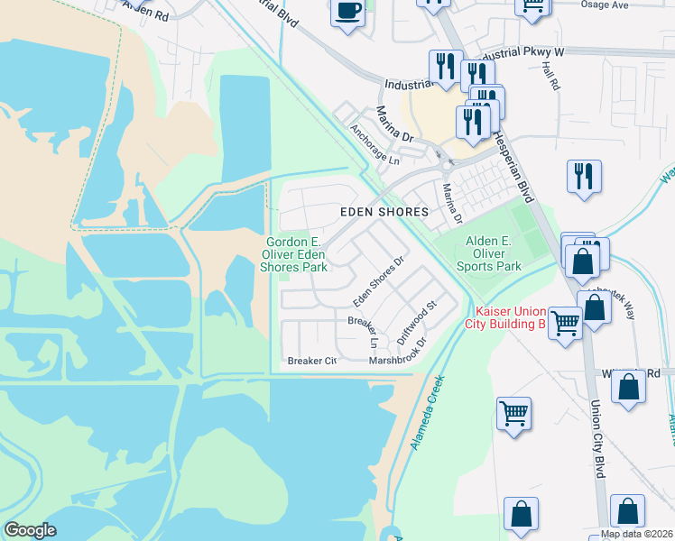 map of restaurants, bars, coffee shops, grocery stores, and more near 2733 Seadrift Lane in Hayward