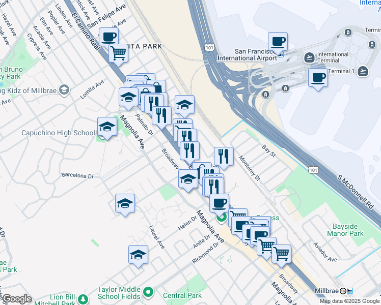 map of restaurants, bars, coffee shops, grocery stores, and more near 1300 El Camino Real in Millbrae