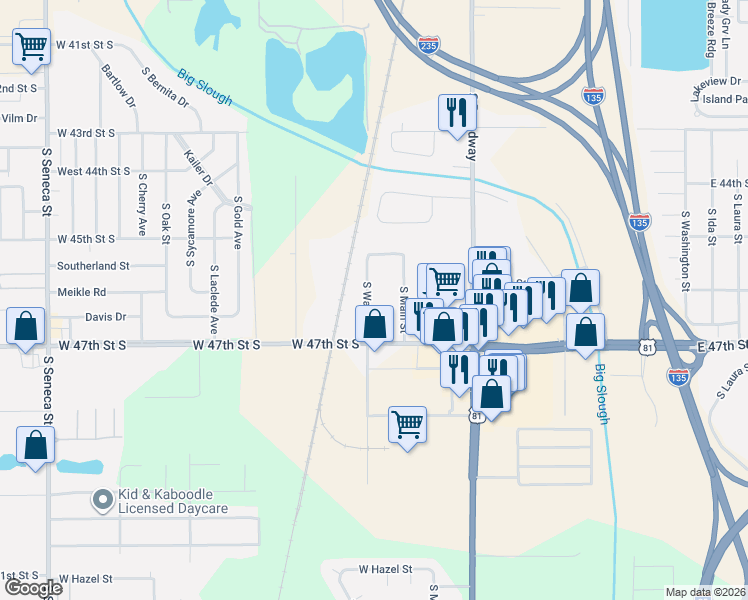 map of restaurants, bars, coffee shops, grocery stores, and more near 4704 South Water Street in Wichita