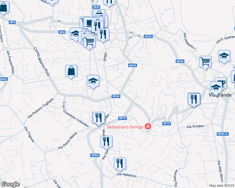 map of restaurants, bars, coffee shops, grocery stores, and more near 19 Via Galileo Galilei in Trecastagni