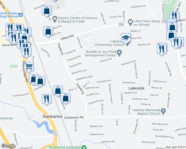 map of restaurants, bars, coffee shops, grocery stores, and more near 2826 Maplewood Road in Henrico