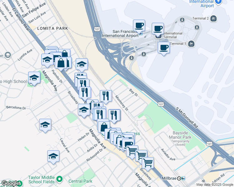 map of restaurants, bars, coffee shops, grocery stores, and more near 307 Cedar Street in Millbrae