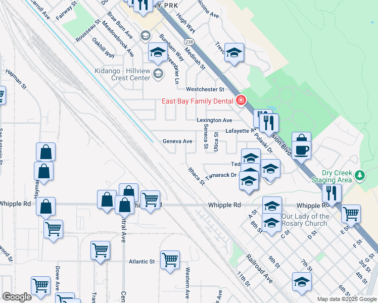 map of restaurants, bars, coffee shops, grocery stores, and more near 106 Erie Place in Hayward