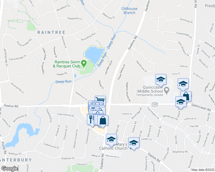 map of restaurants, bars, coffee shops, grocery stores, and more near 1555 Heritage Hill Drive in Henrico
