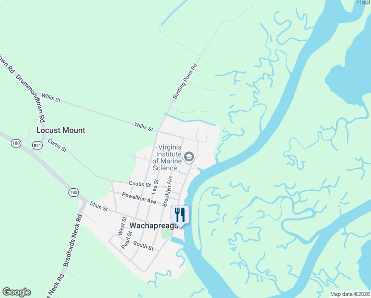 map of restaurants, bars, coffee shops, grocery stores, and more near 31 Brooklyn Avenue in Wachapreague