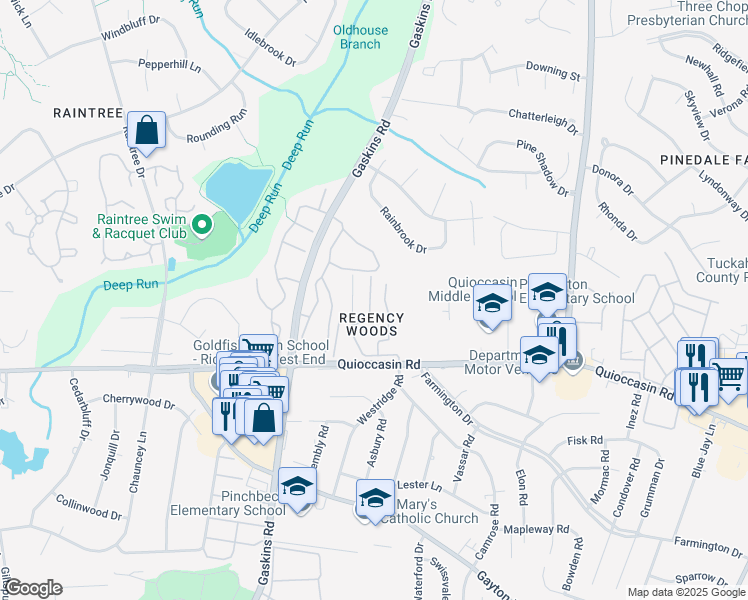 map of restaurants, bars, coffee shops, grocery stores, and more near 1507 Bronwyn Road in Henrico