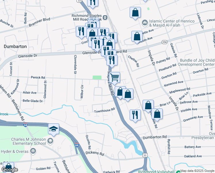 map of restaurants, bars, coffee shops, grocery stores, and more near 6112 Staples Mill Road in Richmond