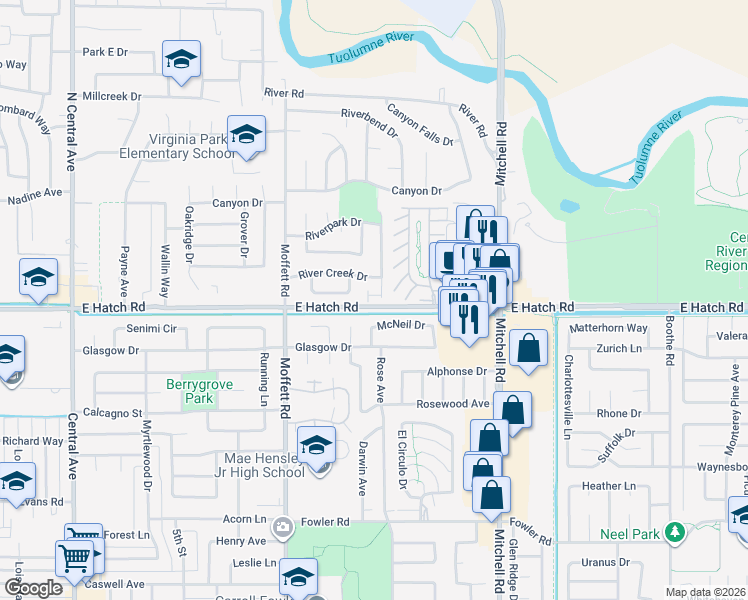 map of restaurants, bars, coffee shops, grocery stores, and more near 1420 Riverette Drive in Modesto