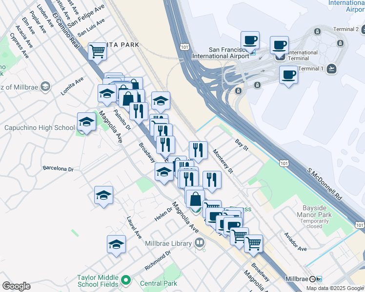 map of restaurants, bars, coffee shops, grocery stores, and more near 1114 San Anselmo Avenue in Millbrae