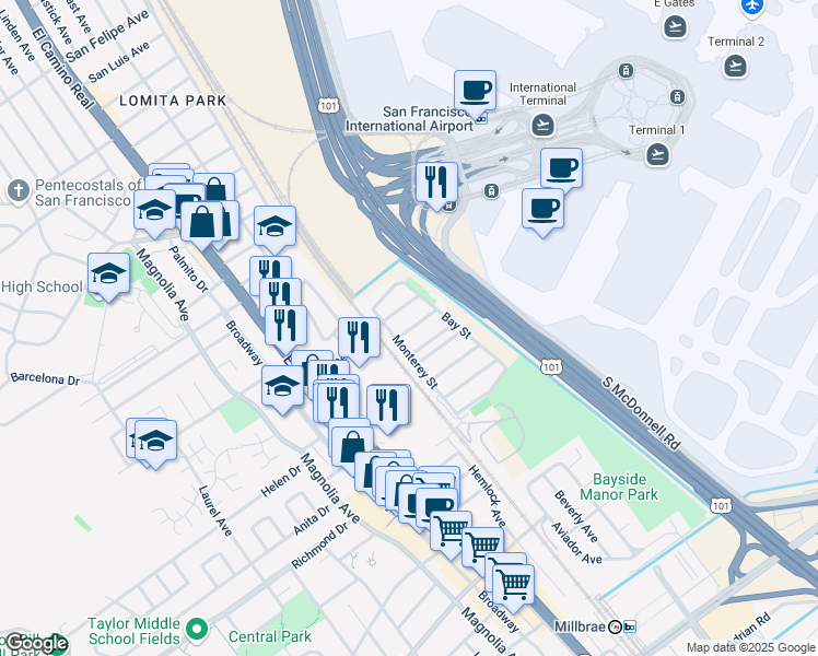 map of restaurants, bars, coffee shops, grocery stores, and more near 325 Cedar Street in Millbrae