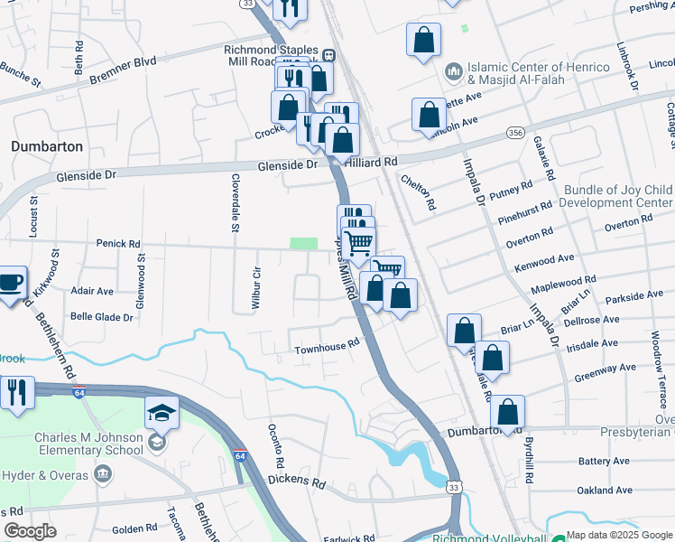 map of restaurants, bars, coffee shops, grocery stores, and more near 6112 Staples Mill Road in Richmond