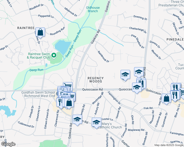 map of restaurants, bars, coffee shops, grocery stores, and more near 1509 Regency Woods Road in Richmond