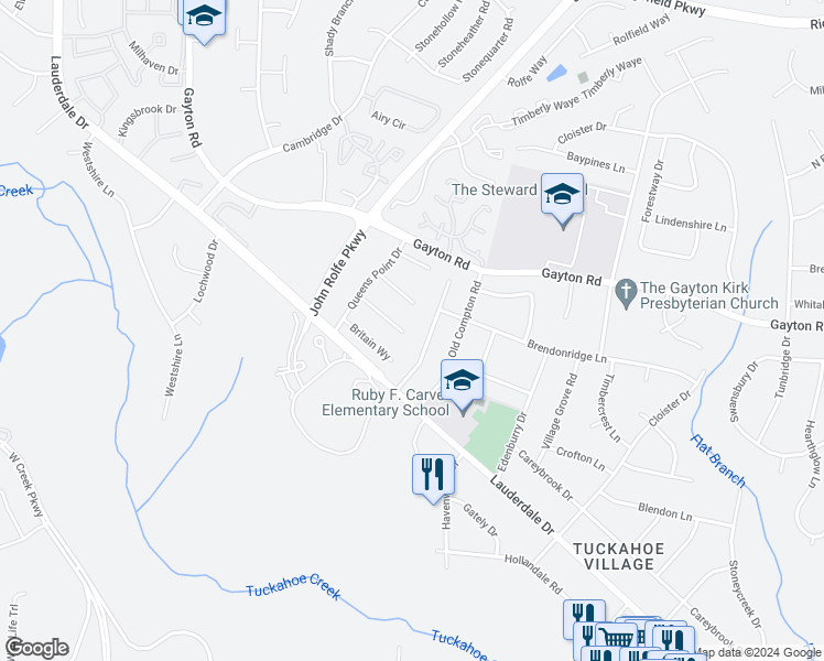 map of restaurants, bars, coffee shops, grocery stores, and more near 11800 Crown Prince Circle in Richmond