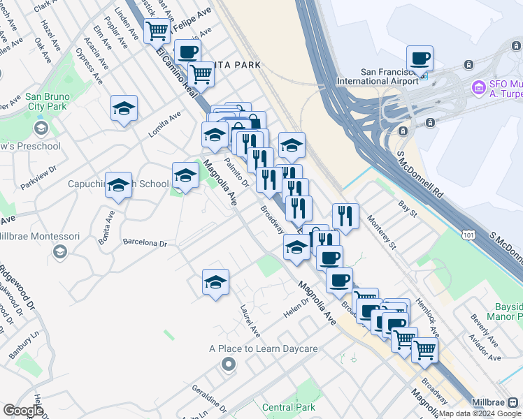 map of restaurants, bars, coffee shops, grocery stores, and more near 1401 Broadway in Millbrae