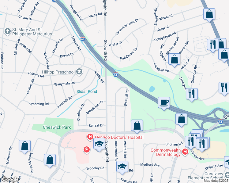 map of restaurants, bars, coffee shops, grocery stores, and more near 1816 Rockwood Road in Richmond