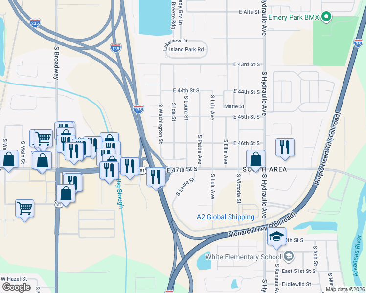 map of restaurants, bars, coffee shops, grocery stores, and more near 4701 South Laura Street in Wichita