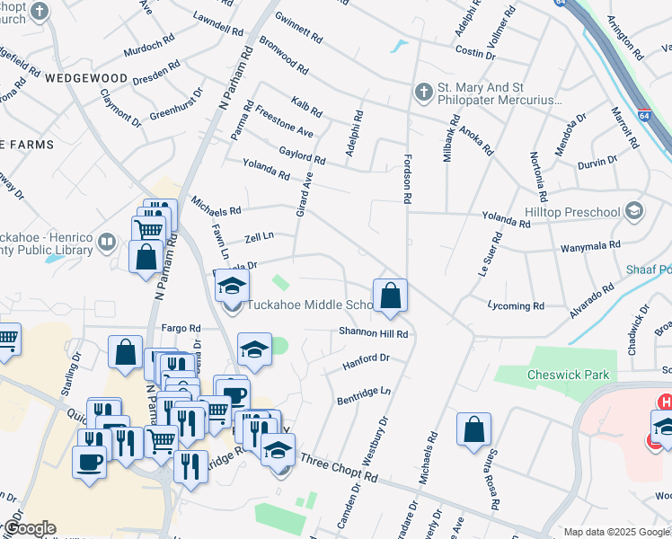 map of restaurants, bars, coffee shops, grocery stores, and more near 8303 Pamela Drive in Richmond