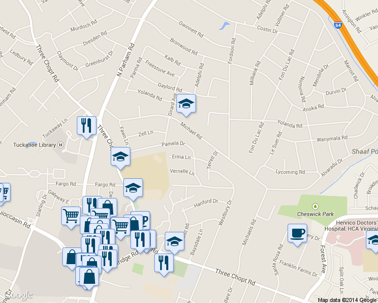 map of restaurants, bars, coffee shops, grocery stores, and more near 8303 Pamela Drive in Richmond
