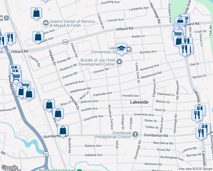 map of restaurants, bars, coffee shops, grocery stores, and more near 2808 Maplewood Road in Richmond