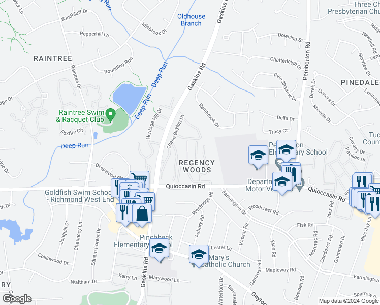 map of restaurants, bars, coffee shops, grocery stores, and more near 1509 Regency Woods Road in Richmond