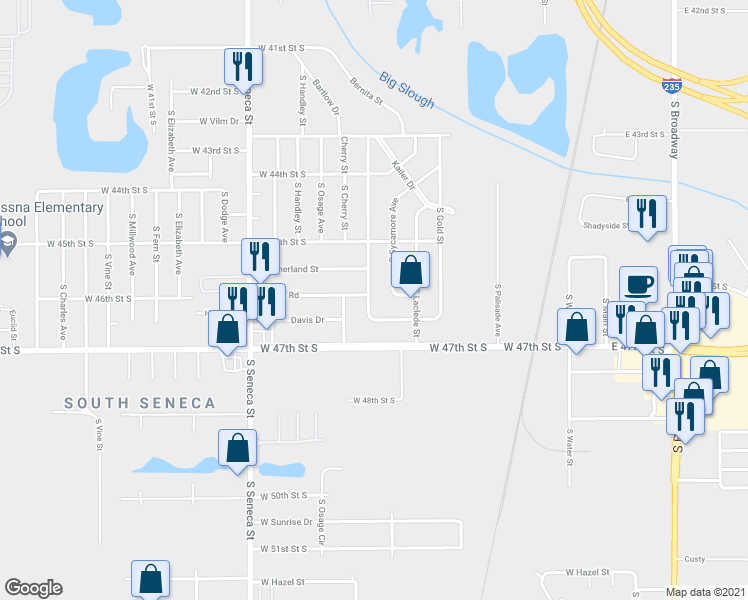 map of restaurants, bars, coffee shops, grocery stores, and more near 4668 South Oak Avenue in Wichita