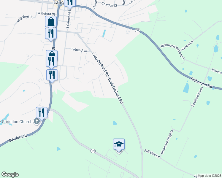 map of restaurants, bars, coffee shops, grocery stores, and more near 416 Crab Orchard Road in Lancaster