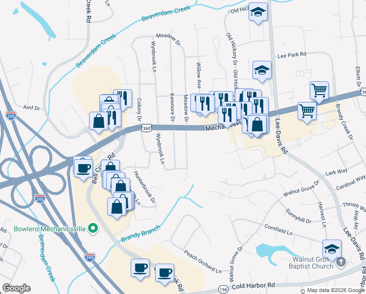 map of restaurants, bars, coffee shops, grocery stores, and more near 7951 Meadow Dr in Mechanicsville