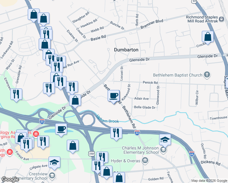 map of restaurants, bars, coffee shops, grocery stores, and more near 6804 Bethlehem Road in Richmond