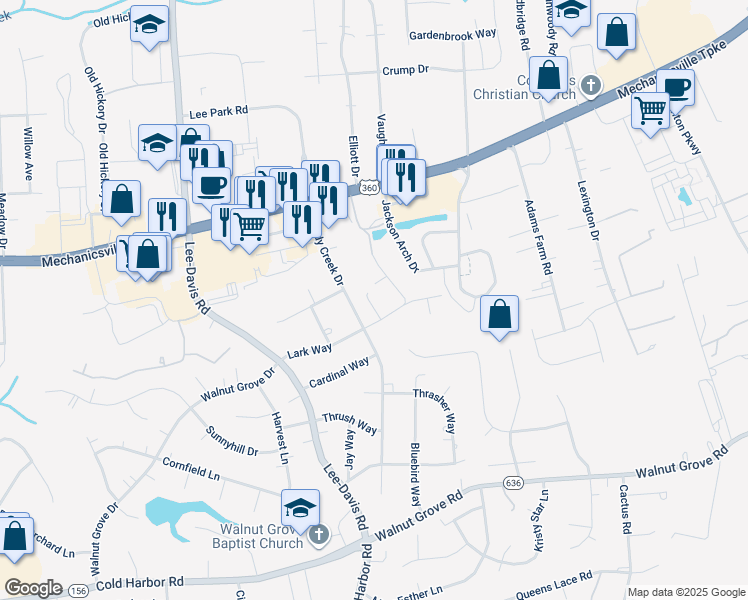 map of restaurants, bars, coffee shops, grocery stores, and more near 6430 Lark Way in Mechanicsville