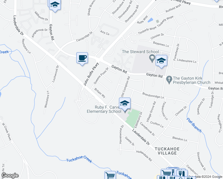 map of restaurants, bars, coffee shops, grocery stores, and more near 11800 Crown Prince Circle in Richmond